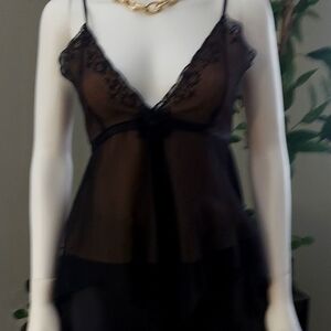 Pamela Brown y2k camisole tank. Black shear with tan underlay satin bow tie